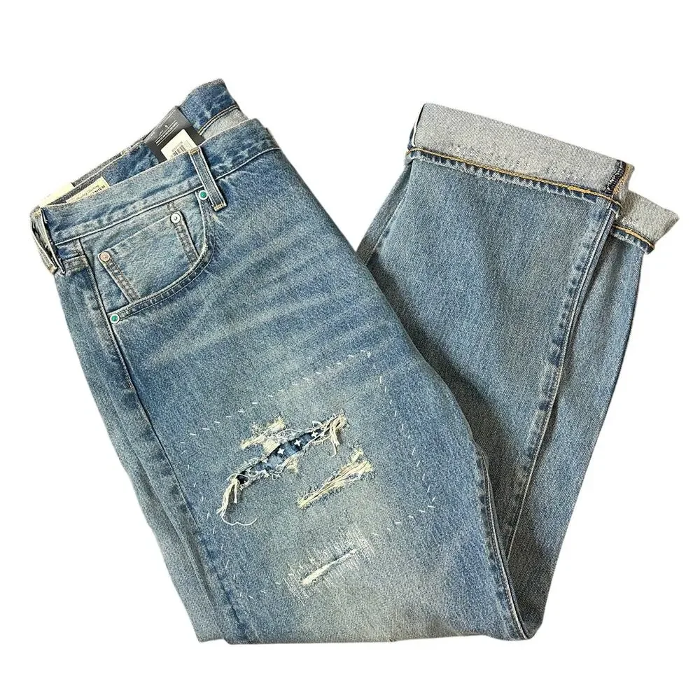 Levi's Selvedge 501 Blue Jean Turquoise Rivet Distressed Mens 40 x 32 Straight